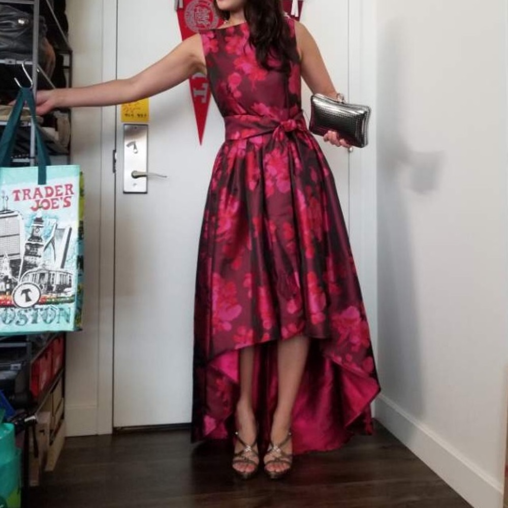 Elie Tahari Burgundy and Fuchsia Floral High-Low Satin Dress